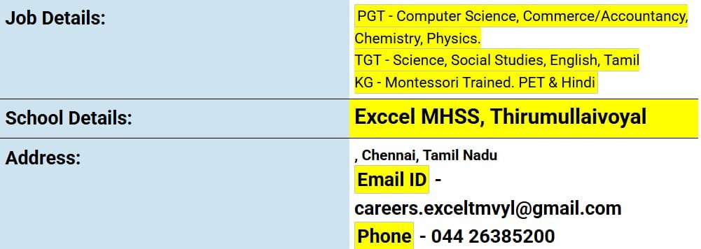 School Jobs at  Exccel MHSS ,  Chennai